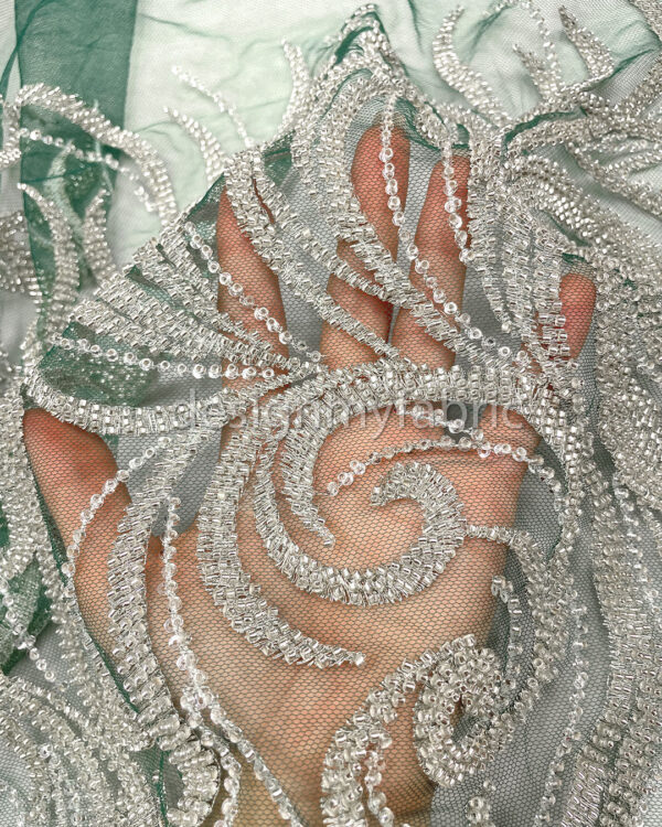 Silver sequined green lace fabric #200321 - Image 3