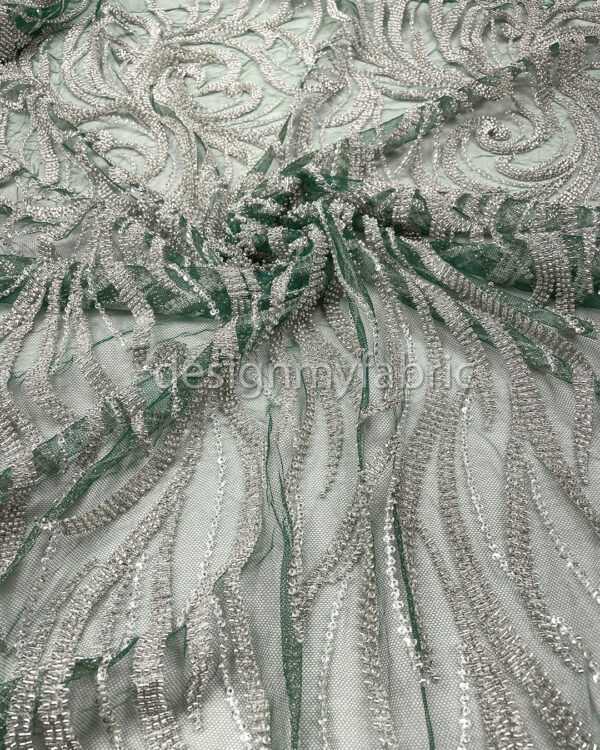 Silver sequined green lace fabric #200321 - Image 5