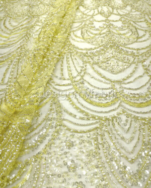 Yellow sequined lace fabric with beads #200360