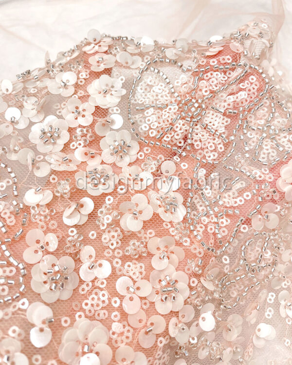 Apricot 3d flower beaded lace fabric #200317 - Image 3