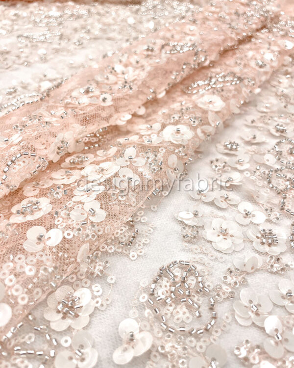 Apricot 3d flower beaded lace fabric #200317 - Image 5