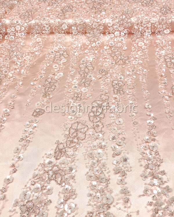 Apricot 3d flower beaded lace fabric #200317 - Image 8