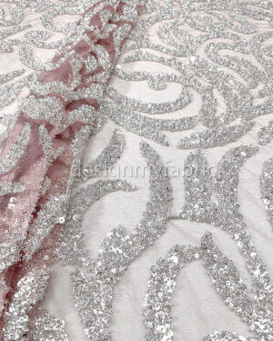 Silver sequined dusty pink lace fabric #200332