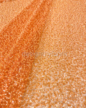 Orange beaded and sequined lace fabric #200314