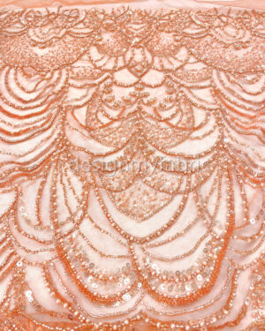 Orange sequined lace fabric with beads #200359