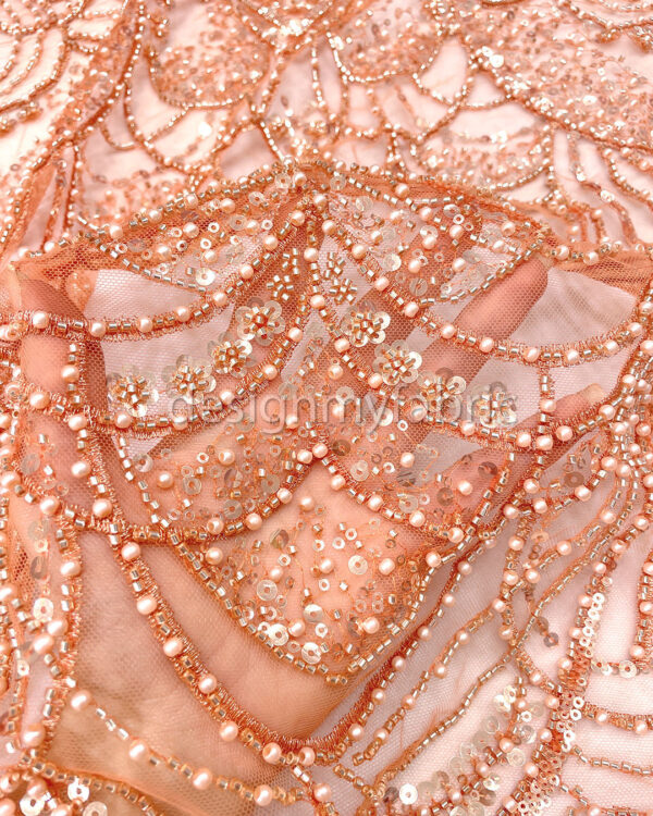 Orange sequined lace fabric with beads #200359 - Image 3