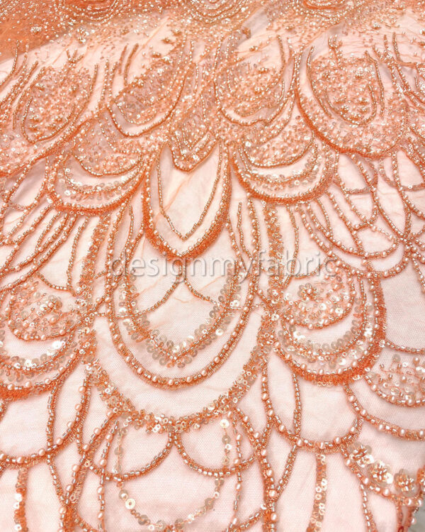 Orange sequined lace fabric with beads #200359 - Image 5