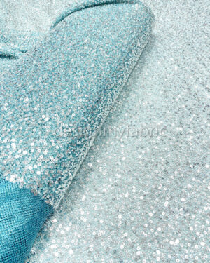Silver sequined cyan lace fabric #200329