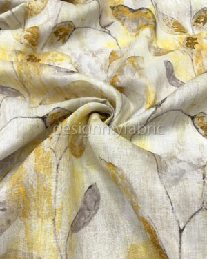 Mustard and beige leaves linen fabric #200480