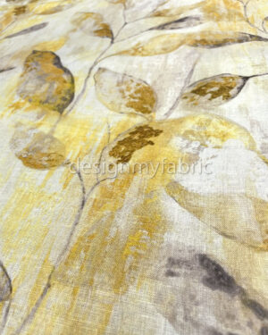 Mustard and beige leaves linen fabric #200480