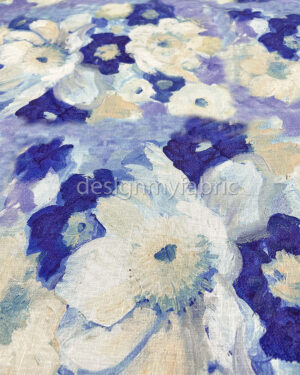 Blue and orange flower linen fabric #200471
