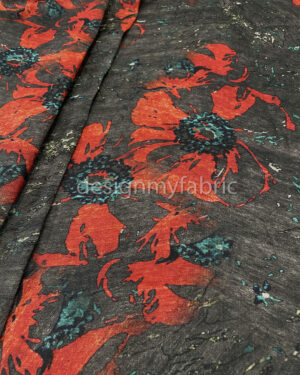 Dark grey and red linen fabric #200475