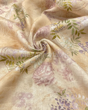 Dusty pink flower beige linen fabric #200484