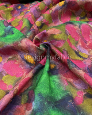 Magenta and green flower linen fabric #200470