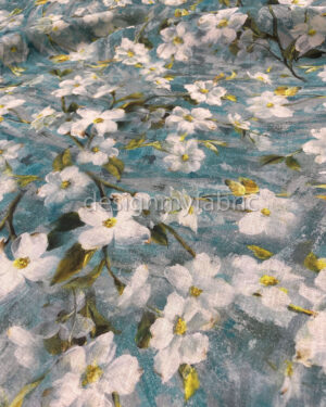 White flower cyan linen fabric #200479