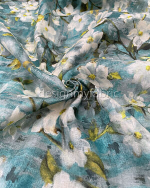 White flower cyan linen fabric #200479