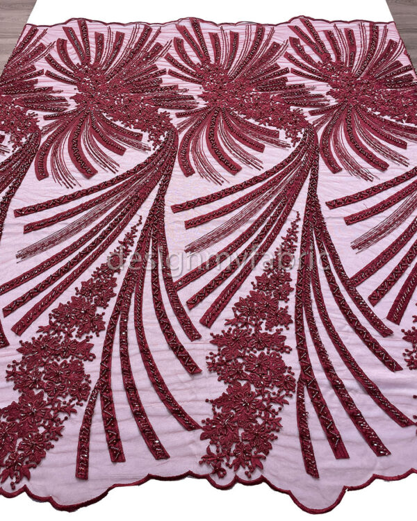 Exclusive Deal: Last Piece - 1.3 Yards Burgundy flower beaded lace fabric #99119 - Image 8