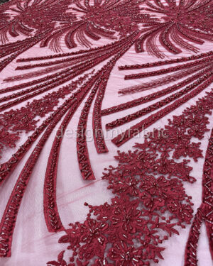 Exclusive Deal: Last Piece - 1.3 Yards Burgundy flower beaded lace fabric #99119