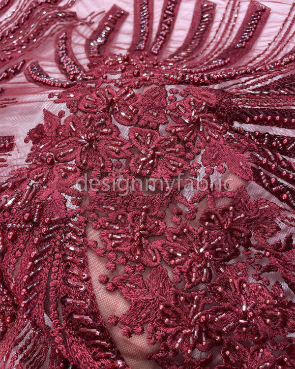 Exclusive Deal: Last Piece - 1.3 Yards Burgundy flower beaded lace fabric #99119 - Image 3