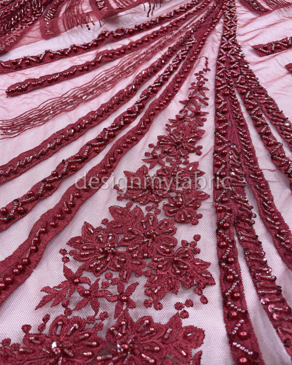 Exclusive Deal: Last Piece - 1.3 Yards Burgundy flower beaded lace fabric #99119 - Image 4