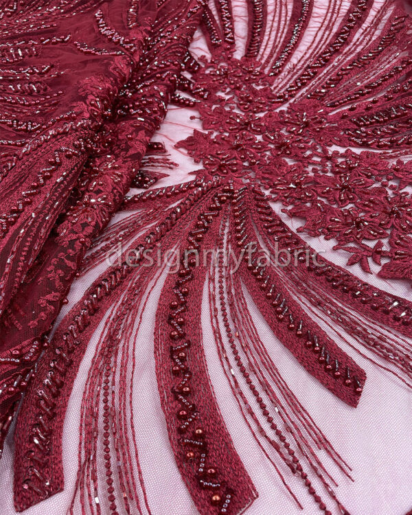 Exclusive Deal: Last Piece - 1.3 Yards Burgundy flower beaded lace fabric #99119