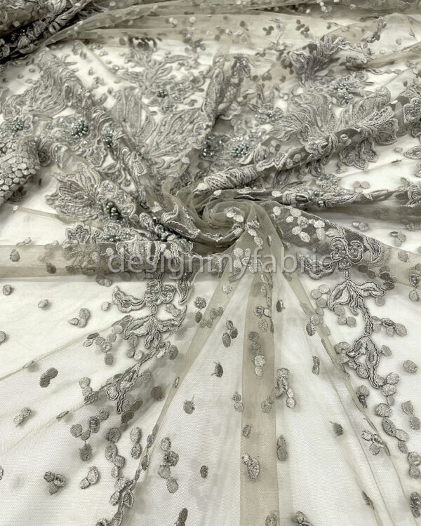 Exclusive Deal: Last Piece - 3 Yards Dusty green grey flower beaded lace fabric #20446 - Image 3