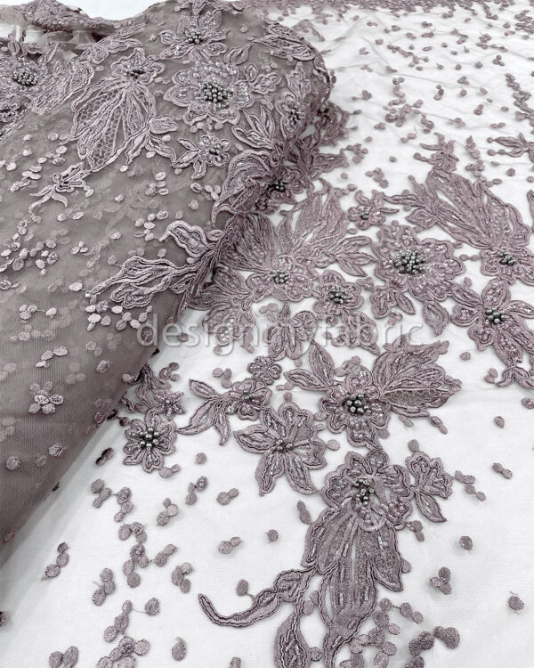 Exclusive Deal: Last Piece - 3 Yards Dusty purple and grey flower beaded lace fabric #20452