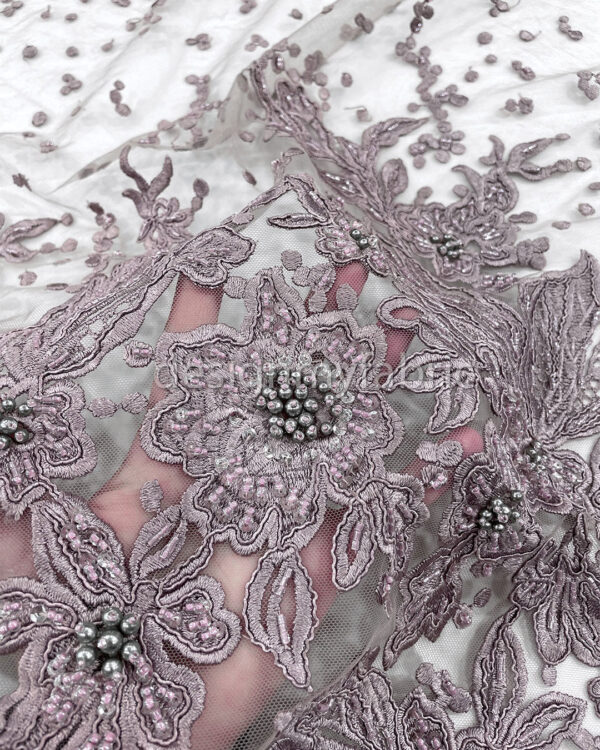 Exclusive Deal: Last Piece - 3 Yards Dusty purple and grey flower beaded lace fabric #20452 - Image 3