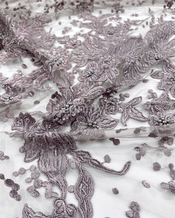 Exclusive Deal: Last Piece - 3 Yards Dusty purple and grey flower beaded lace fabric #20452 - Image 2