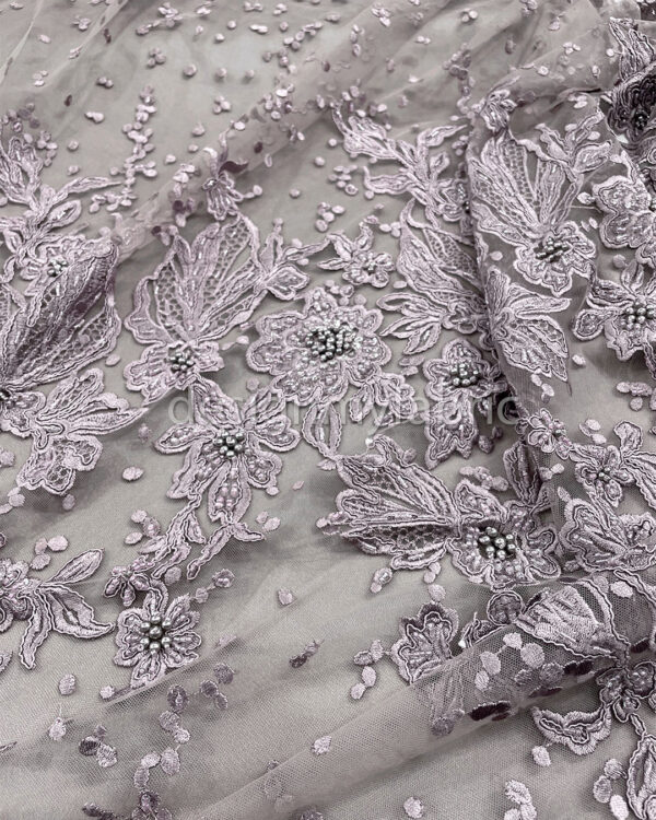 Exclusive Deal: Last Piece - 3 Yards Dusty purple and grey flower beaded lace fabric #20452 - Image 5